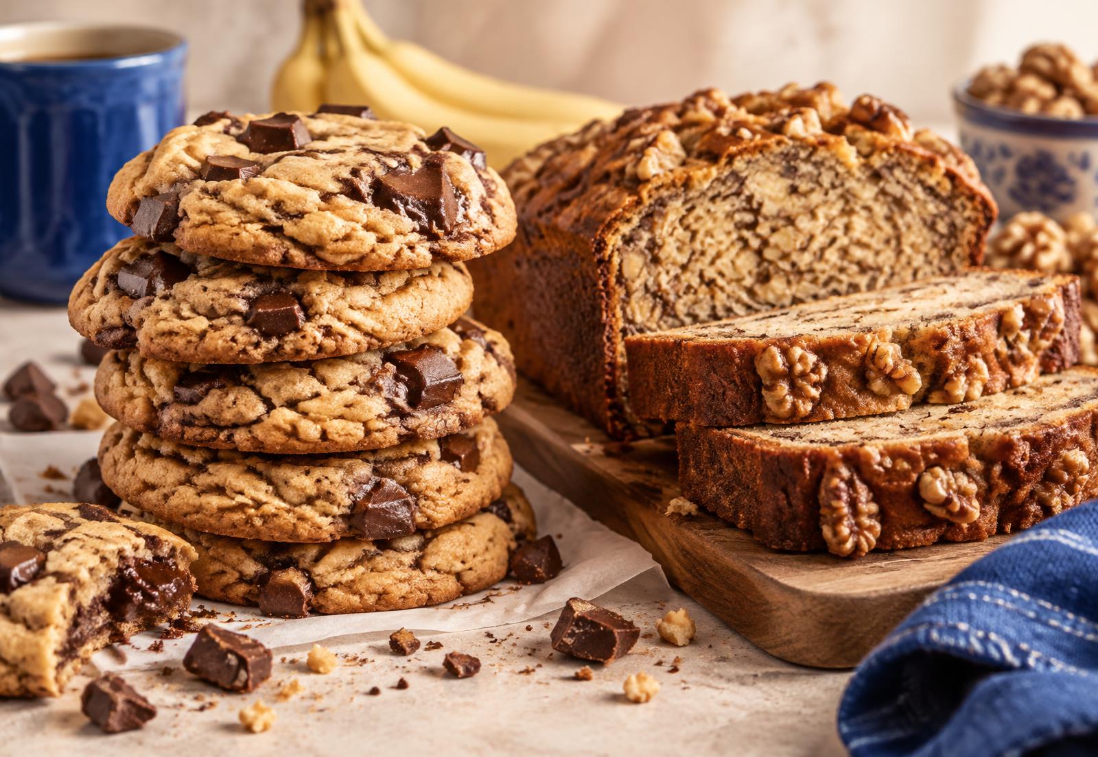 Stacked soft baked cookies with sliced banana bread