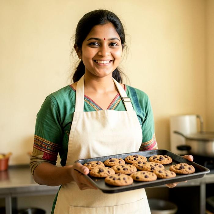 Evaki baker with a tray of cookies