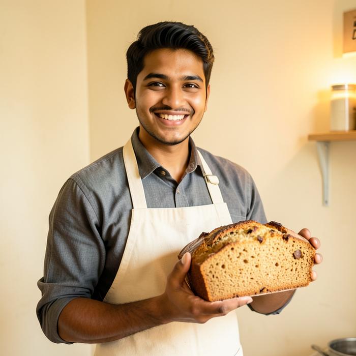 Evaki baker with a fresh banana bread loaf
